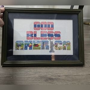 Handmade Embroidered God Bless America Framed Wall Home Decor